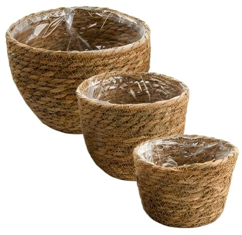 Rundago Cesta para Plantas, 3PCS Flower Basket con Forro de Plástico Impermeable, Macetero Trenzado para La Decoración del Hogar, Cesta de Almacenamiento para Interiores y Exteriores, 15cm+17cm+20 cm