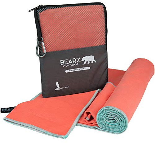 BEARZ Outdoor Travel Towel - Quick Dry Microfiber Towel for Hiking, Gym, Camp (Includes Bonus Face Cloth) Coral