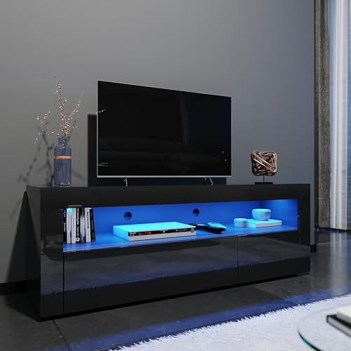 ELEGANT 1200mm LED Light TV Cabinet Modern Black High Gloss TV Stand with Ambient Lights for Bedroom Living Room with Ample Storage Furniture for 32 40 43 50 inch 4k TV