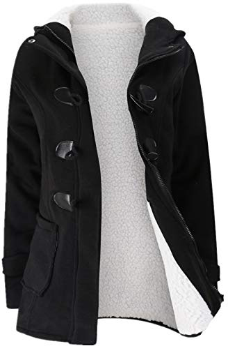 JiangWu Womens Fashion Horn Button Fleece Thicken Coat with Hood Winter Warm Jacket (XX-Large, Black)