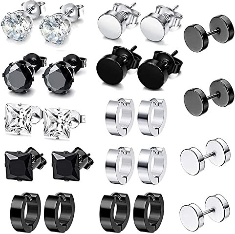 QincLing 12 Paar Ohrringe Set Edelstahl, Allergiefreie Ohrstecker Männer Ohrstecker Stecker Creolen Zirkonia Ohrstecker Set Fake Plugs Ohrschmuck Hoop Piercing für Herren Damen Unisex Schwarz Silber