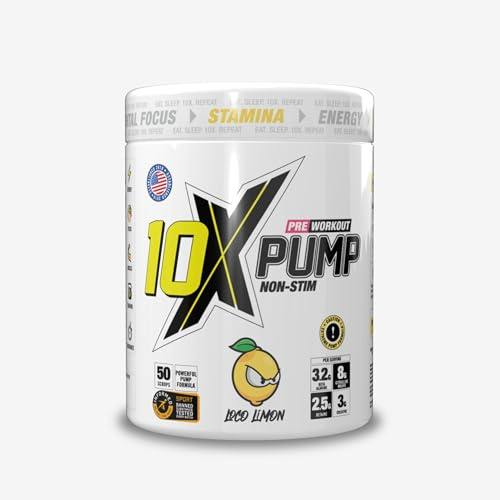 10X Athletic Non Stim Pump Pre Workout No Caffeine Beta Alanine Creatine Sugar Free Vegan Low Calorie Various Flavours 600g 50 Servings (Loco Lemon)