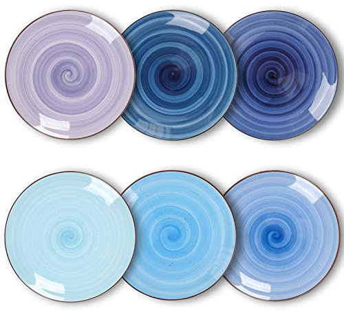 KitchenTour Large Ceramic Dinner Plates, 10 Inch Porcelain Serving Plate for Salad, Dessert Pizza Steak Pasta Plates Set, Dishwasher and Microwave Safe - Set of 6, Assorted Cool Colors