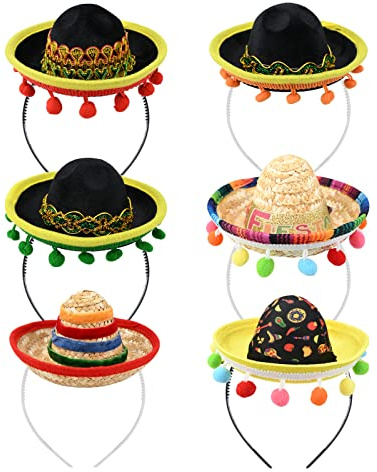 GLAITC Mini Sombrero Mexicano Sombreros Diademas 6 Pcs Lindo Sombreros de Paja Mini Fiesta Divertida Sombrero de Paja Diadema para Verano Tema Mexicano Fiesta Divertida Fiesta Fiesta Favores