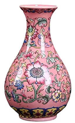 Small Ceramic Vase for Flower Handmade Elegant Vintage Chinese Hand-Painted Porcelain Decorative Pink Enamel Glazed Vases for Office Home Decor,A