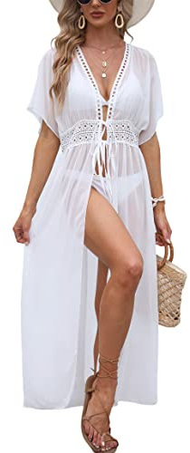 Codkkre Damen Sommer Maxi Strandkleid Bikini Badeanzug Cover Up Kimono Lang Leichte Chiffon Strickjacke Beachwear Boho Strand Cardigan Beach Maxi Dress, Weiß, L