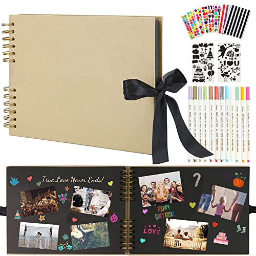Boic Album Photo Scrapbooking 80 Pages Noir, DIY Traditionnel Scrapbook Livre Souvenirs Albums, Avec 12 Stylos Métalliques, Cadeaux pour Bebe Enfant Mariage Voyage Anniversaire (Jaune)