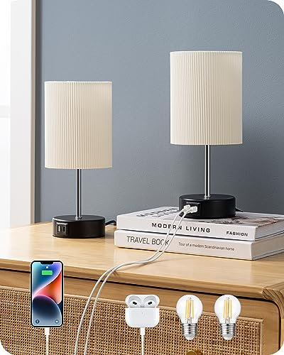 EDISHINE LED Nachttischlampe Touch Dimmbar 2er Set, Tischlampe Modern, Kleine Lampe, mit Ladefunktion, 2 USB Anschlüsse, mit Kabel, für Schlafzimmer, Wohnzimmer, Fensterbank, Geschenk, Schwarz