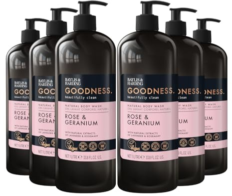 Baylis & Harding Goodness Rose & Geranium Natural Body Wash 1 Litre (Pack of 6) - Vegan Friendly