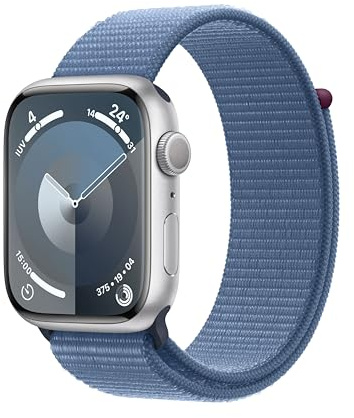 Apple Watch Series 9 GPS 45mm Smartwatch con cassa in alluminio color argento e Sport Loop blu inverno. Fitness tracker, app Livelli O₂, display Retina always-on, resistente all’acqua