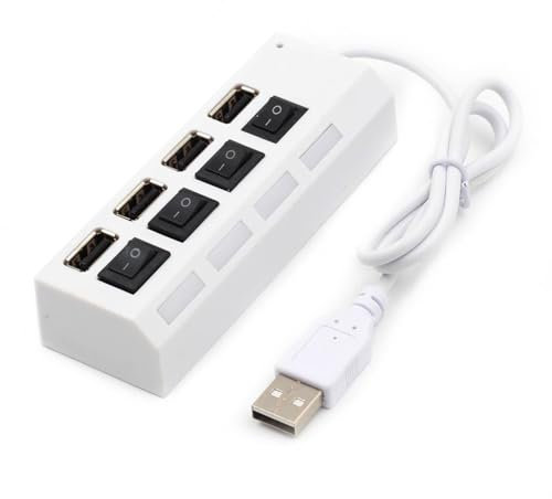 Ultra-Slim Multiport Expander 4 Ports High Speed USB Hub Expansion USB 2.0 Multi USB Hub Splitter with On/Off Switch Multi LED Lead Adapter Cable For Desktop Computer Laptop Flash Drive Data (White)