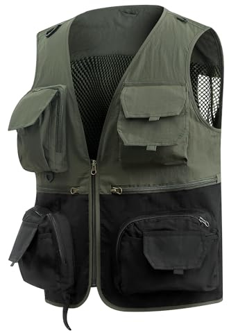 MeiLayM utomhus väst med flera fickor snabbtorr fotografi nät väst topp arbete skytte safari resa fotografi väst, Armégrönt, M