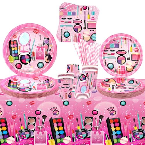 Forniture per feste termali, per 20 persone, stoviglie per feste a tema trucco – piatti da dessert, piatti, tazze, asciugamani, tovaglia da trucco spa per ragazze e donne, decorazione