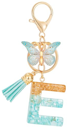 MWOOT Initiale Letter Keychains Porte Clé Lettre E,Alphabet Initial Keyring avec Papillon Pendentif,Vert Feuille D'or Key Ring pour Femmes Filles Portefeuilles Sac à Main Bagages Charme(E)