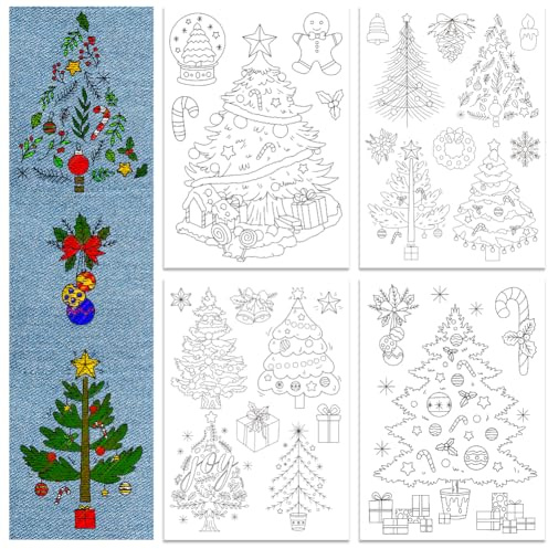 GLOBLELAND 4 Hojas Papel Soluble Navidad para Bordado en Tela 11.6x8.2 Pulgadas Práctica de Puntadas Patrones Transferibles para Principiantes