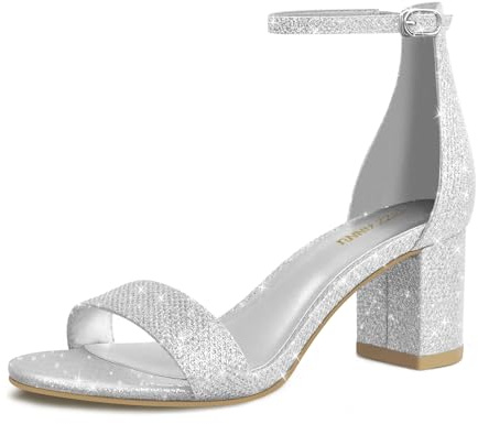 PIZZ ANNU Womens Sandals Mid Block Heel Ankle Strap Wedding Shoes for Bride Open Toe Ladies Sparkly Glitter Evening Party Silver-J Hook Buckle Size 4 Wide
