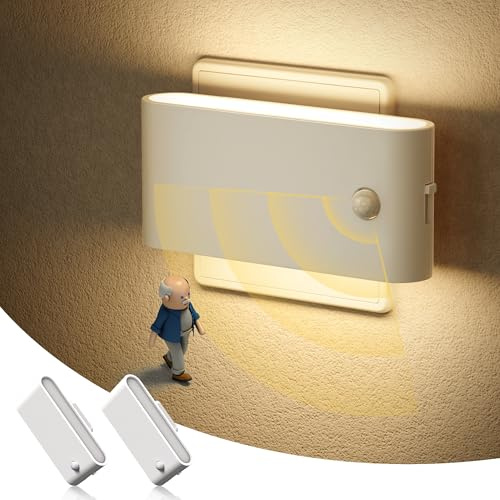 Emeritpro LED-nattlampor, set med 2 elektriska nattlampor med rörelsesensor (på/av), dimbar ljusstyrka 0-100 LM, barnnattlampa med uttag, 3 000 K, varmvit, för sovrum