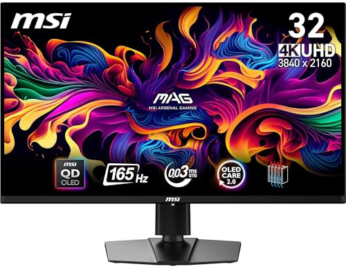 MSI MAG 321UP QD-OLED Gaming Screen 32 Inches 4K UHD – Quantum Dot OLED Panel 3840 x 2160, 165Hz/0.03ms, 99% DCI-P3, ΔE≤2, DisplayHDR True Black 400 – DP 1.4a, HDMI 2.1, USB Type-C