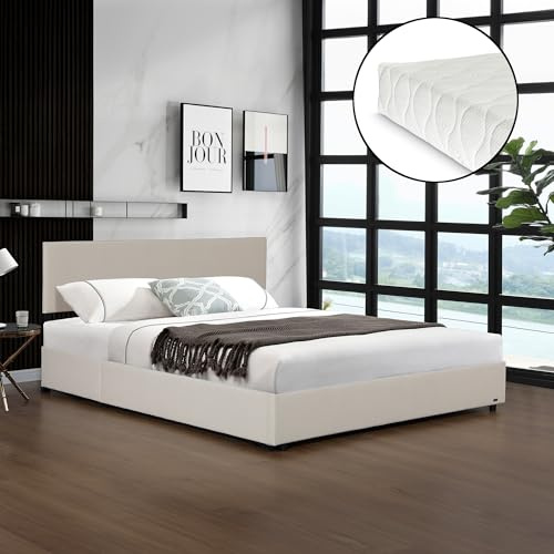 Corium Lit Capitonné avec Matelas à Mousse Froid Lit avec Sommier à Lattes Rabattable Coffre de Rangement Tête de Lit Rembourré Capacité de Charge 300 kg Bois Polyester 180 x 200 cm Beige