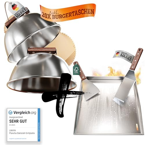 LIKAYA Plancha de acero inoxidable para barbacoa [40 x 40 cm] + juego de campanas para hamburguesas, 2 espátulas para barbacoa y 2 campanas para hamburguesas con mango de madera de acacia FSC