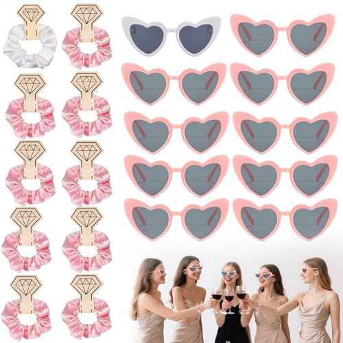 puiaxod Lot de 20 Accessoire EVJF, Lunettes de Soleil Coeur, 10 Lunettes Coeur EVJF et 10 Chouchou Cheveux, pour Enterrement de vie de Jeune Fille, Fête Anniversaire, Carnaval