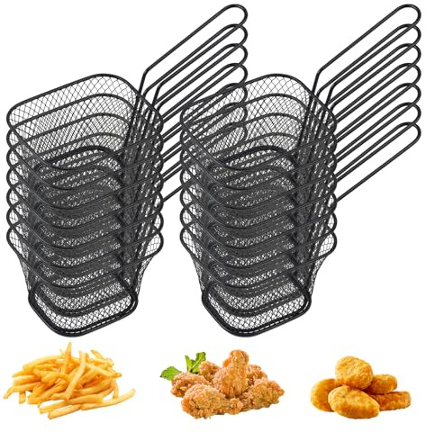 12 cestini per patatine fritte, in acciaio inox, con manico, mini cestello da portata, per gamberi e patatine fritte (nero)