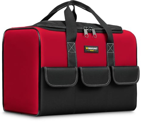 WINHUNT 17 Zoll Werkzeugtasche, Multifunktionale Gartenwerkzeugtasche mit mehreren Taschen, 43 x 25 x 30 cm, mit weit geöffneter Öffnung für Elektriker, Heimwerker und Handwerker,Rot