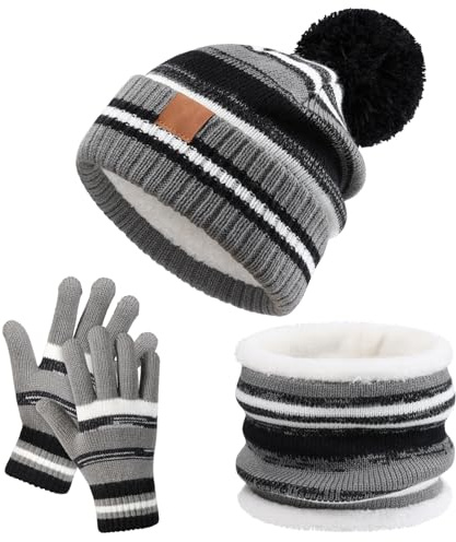 Icegrey 3 in 1 Set de Bufanda Gorro Guantes Conjunto de Cálido Gorro de Punto Invierno con Pompon, Braga Cuello con Forro Polar Guantes Termicos para Niña Niño 4-10 Años, Negro 2
