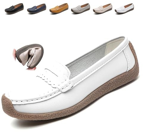 Mocasines ortopedicos clásicos para mujer, mocasin, informales, zapatos clásicos, anchos de piel, mocasines de conducción para caminar en el trabajo, Blanco, 40 EU