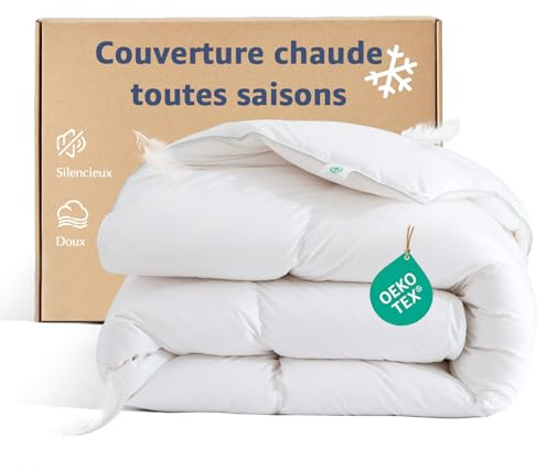 Oaken-Cat Couette Chaude 4 Saisons | Coton | Blanc 220 × 240 cm | Couette matelassée Luxueuse et Douce en Duvet et Plumes | Respirante | Oeko-Tex et RDS