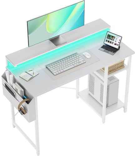 SOLAVERO Bureau avec Rangement, 100 x 48 cm Petit Bureau d’Ordinateur avec Support de Moniteur, Table Informatique avec Sac de Rangement, Étagères Réglable, pour Bureaux et Postes de Travail, Blanc