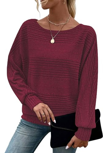 Gemulate Womens Jumpers Batwing Jumpers for Women UK Off Shoulder Jumper Crew Neck Long Sleeve Sweaters Ladies Basic Lightweight Tunic Tops Wine Red XXL