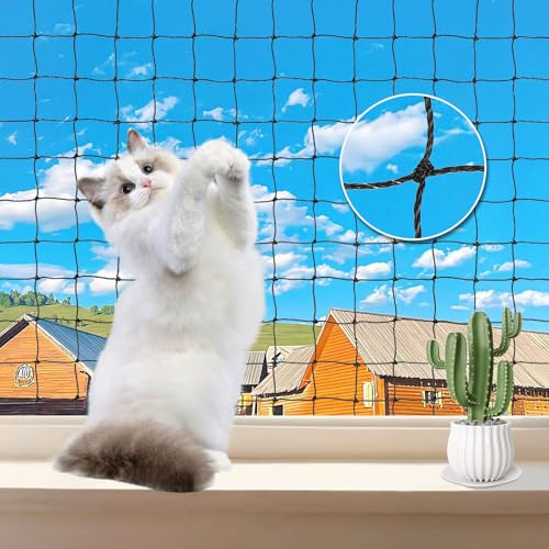 Freyeeti Filet Chat Balcon, Filet de Protection Chat avec Clous et Crochets Adhésifs, Renfort en Fil d'acier, Protection Fenetre sans Percer pour Balcons, Portes, Fenêtres, Escaliers (3x4m)