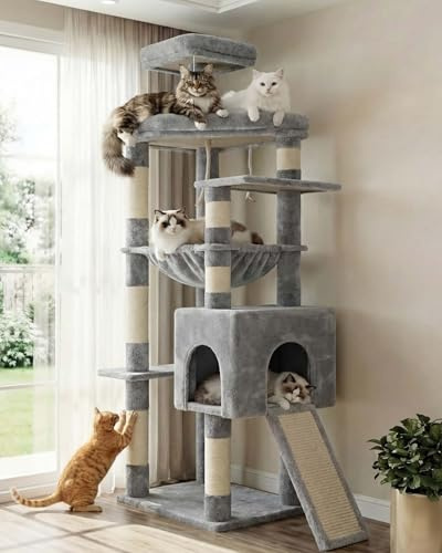 Heybly Árbol para Gatos, 163 cm Torre para Gatos Estable con Base Ancha, Plataforma Grande Espaciosa, Cama Colgante Extragrande, Postes Y Rascador De Sisal, Cesta para Gatos, Gris Claro HCT027W