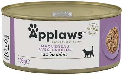 Applaws 100% Natural Premium Wet Cat Food Mackerel with Sardine in Broth - Pack of 24 x 156g Cans