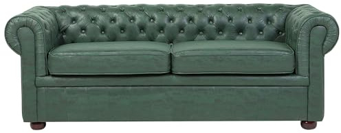 Beliani Sofá Chesterfield tapizado en Piel sintética Verde Patas de Madera Oscura 3 plazas Estilo clásico Chesterfield