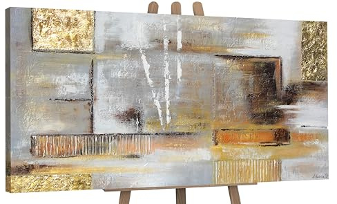 YS-Art Pintado en acrílico Arte abstracto de la pared Abstracción dorada Colores claros con dorado Pintura hecha a mano 140x70 cm