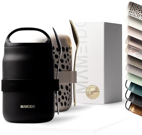 MAMEIDO Termobehållare för mat 800 ml (Rich Black) | läcksäker, BPA-fri, müslimugg to go för gröt & soppa, yoghurtmugg to go i stål för matlådan