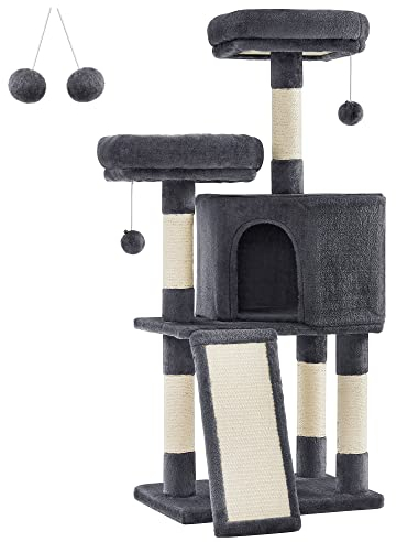 FEANDREA Kratzbaum klein, Katzenbaum mit Kratzbrett, Plattformen, für Katze, weicher Plüsch, 115 cm, vollständig mit Sisal umwickelte Säule, rauchgrau PCT141G01