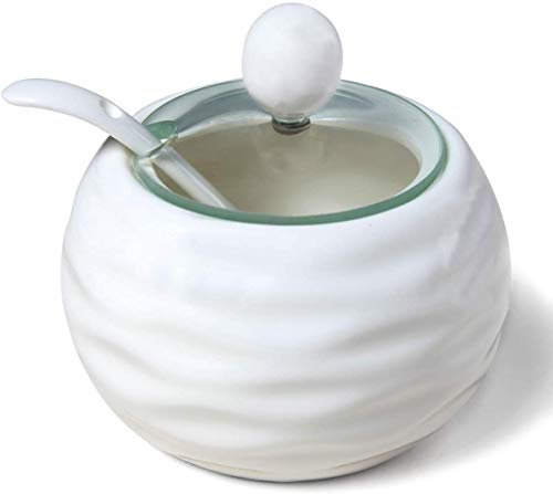 Chase Chic Sucrier en céramique, Sucrier en Porcelaine Moderne avec Couvercle Transparent et Cuillère en Verre 8,8 oz/250 ml en Forme de Vagues, Parfait pour Café-bar, Cuisine à la maison