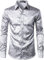 PARKLEES Men's Luxury Jacquard Long Sleeve Dress Shirt Slim Fit Satin Slik Like Floral Printend Shirts for Wedding Party Prom Silver S