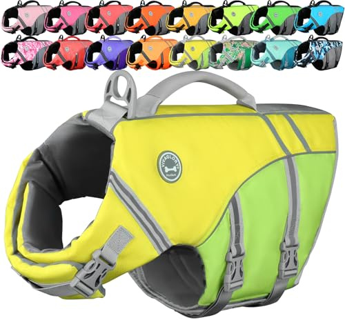 VIVAGLORY Chaleco Salvavidas de Estilo Deportivo para Perros con Flotación Adicional, Chaleco de Natación Ajustable y Duradero para Perros Pequeños, Amarillo Gris