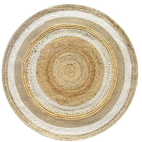 Hamid - Jute Teppich Runden, Cairp,100% Weiß und Natur, Jutefaser Handgewebt, Weicher Teppich und Hohe Festigkeit für Wohnzimmer, Esszimmer, Schlafzimmer, FlurTeppich - (120x120cm)