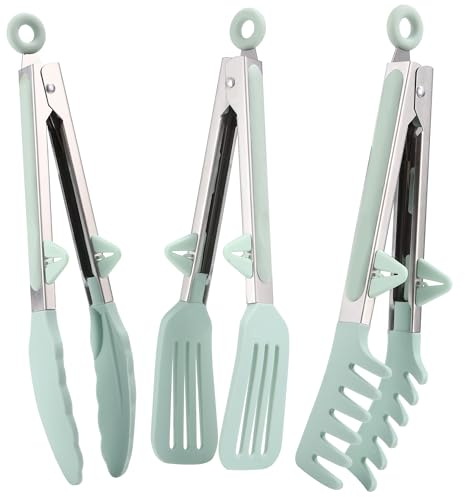 LEAZZLE 3 Pezzi 26 cm Pinza da Cucina Acciaio Inox, Pinza per Spaghetti, Pinza Cucina Silicone,Pinze Cucina Professionali, Utensili Cucina Silicone per Spaghetti, Insalata, Pasta, Cucina (Verde)