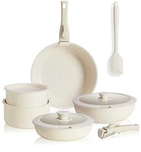 JHK 12-teiliges Topf- und Pfannenset – Antihaft-Kochgeschirr-Sets mit abnehmbarem Griff – Küchengeschirr für Ihre Bedürfnisse zu Hause, Beige