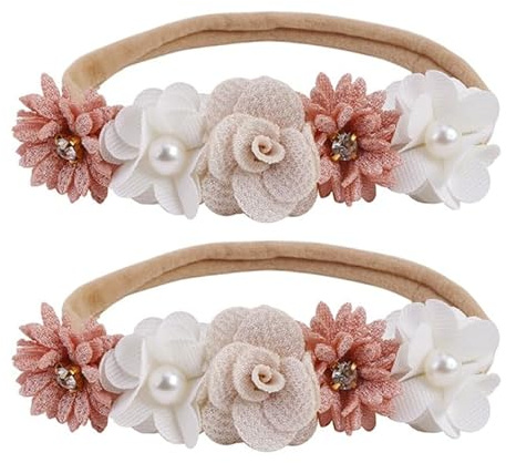 FMYODWU 2 Stück Baby Mädchen Blume Stirnband, Baby Mädchen Nylon Stirnband, Baby Spitze Haarband, Blume elastische Haarband, Baby Taufe Stirnband, geeignet für Parteien, Hochzeiten, Familienfotos