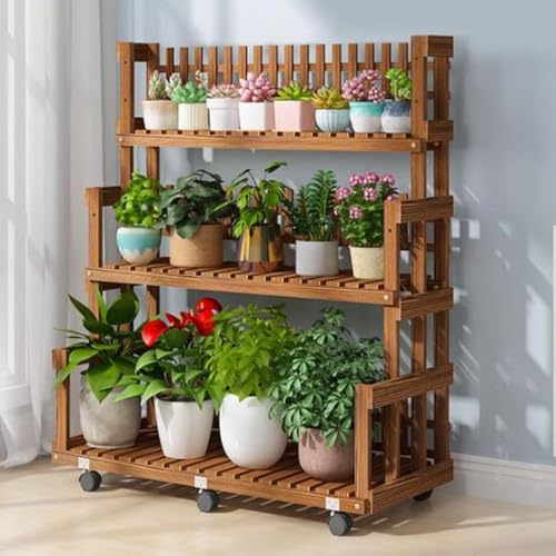 KADEUX Holz 3 Stufen Pflanzenregal, Höhenverstellbarer Blumentreppe, Blumentopf Leiterregal Gartenregal, Pflanzentreppe Mit 3 Ablagen Für Indoor/Outdoor(105cm With 6 wheels)