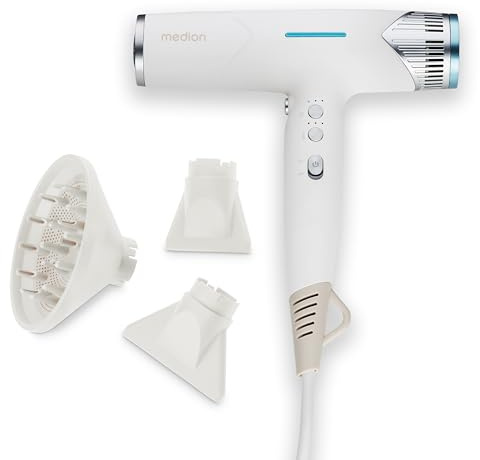 MEDION Föhn - Ionen Haartrockner mit Diffusor HD2 (Ionen, 1.500 Watt, Stylingdüse, vielseitige Aufsätze, leise langlebiger BLDC Motor, Selbstreinigungsfunktion, langes Netzkabel) Haarföhn weiß