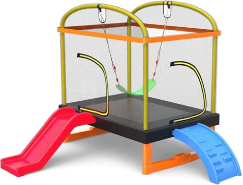 PILIN Trampolin Outdoor, Quadratisches Trampolin mit Rutsche und Kletterleiter mit Sicherheitsnetz, Liner, Schaukel, Gartentrampolin für den Innen- und Außenbereich, Geburtstagsgeschenk für Kinder