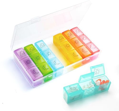 Tablettenbox 7 Tage 3 Fächer - Pillendose Tablettenbox Morgens Mittags Abends Medikamentenbox mit Etikett Klein Wochen Pillenbox für Tabletten Pill Organizer Gross Fächer Tablettendose für Unterwegs